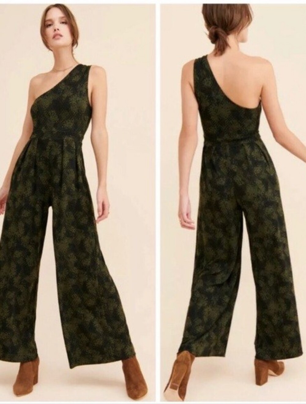 Free People Maya Olive Green Snake Print One-Shoulder Jumsuit Wide Leg Sz XS